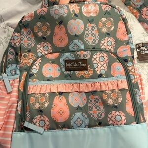 Matilda Jane Gray Backpack with Pink and Light Blue Pears